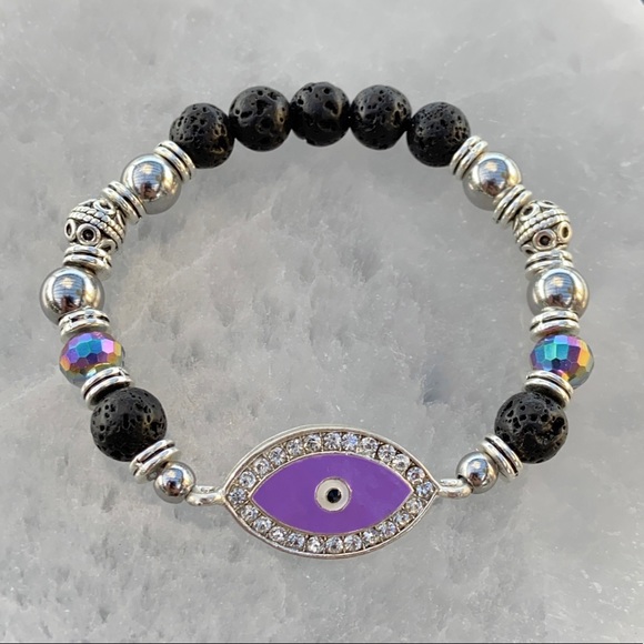 Purple cz evil eye black lava boho bead bracelet - Picture 8 of 14